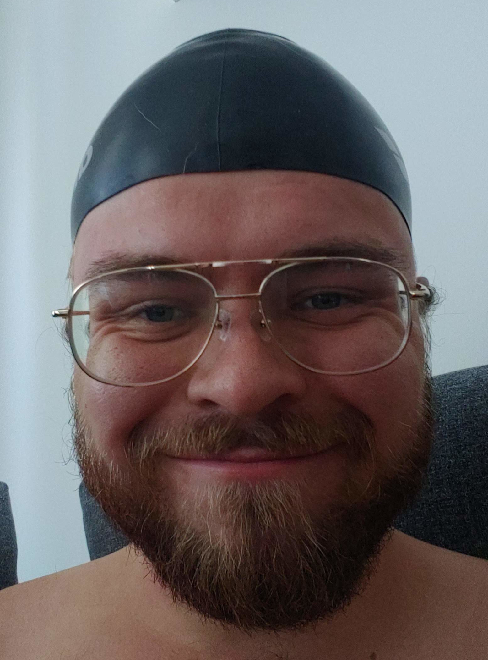Bergur Snorrason wearing a swimming cap.